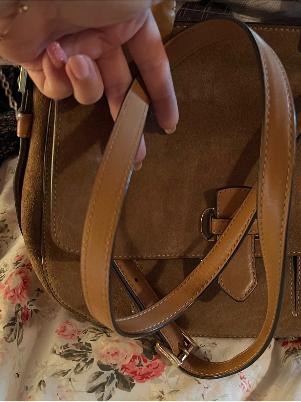 Michael Kors Suede Satchel in Chocolate Brown with Tan Trim - Picture 2 of 7